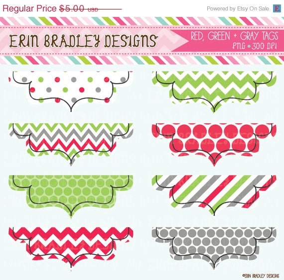 50% OFF SALE Christmas Labels Clipart Commercial Use Clip Art Graphics Red Green & Gray Polka Dots Chevron Striped Tags Il_570xn