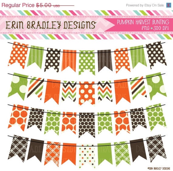 50% OFF SALE Pumpkin Harvest Bunting Clipart Fall Banner Flag Clip Art Set Orange Green and Brown Personal & Commercial Use Il_570xn
