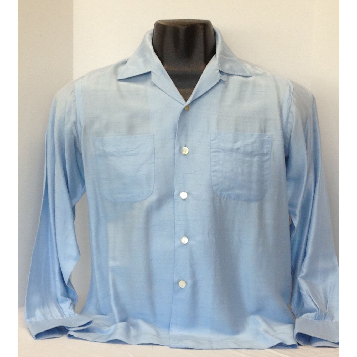 1950s Mens Silk Schiaparelli Lite Blue Shirt Size M Vintage