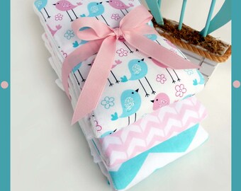 Baby Girl Etsy Market Shower Gift Set, plmdezigns Cloth Diaper Baby Burp Cloths, Ideal Diaper Bag Item, Baby Birds in Pinks and Blues