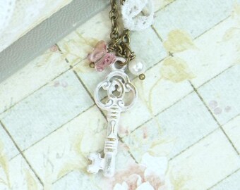 Key Charm Necklace Romantic Jewelry Small Key Necklace Pink Necklace Shabby Chic Jewelry Victorian Key Necklace