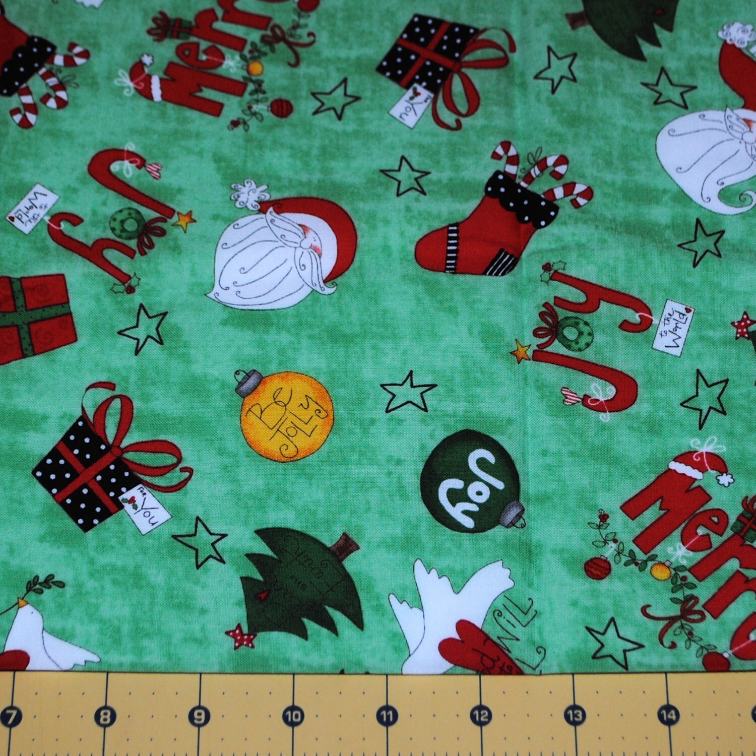 Fat Quarter Cute and Whimsical Christmas on Green Background