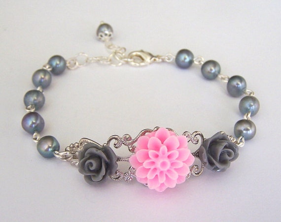 Pink and grey bracelet grey freshwater pearl bracelet gray