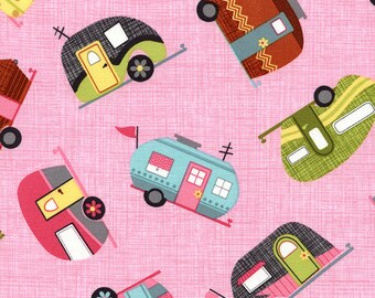 Timeless Treasures Tossed Campers Pink Fabric By The Yard