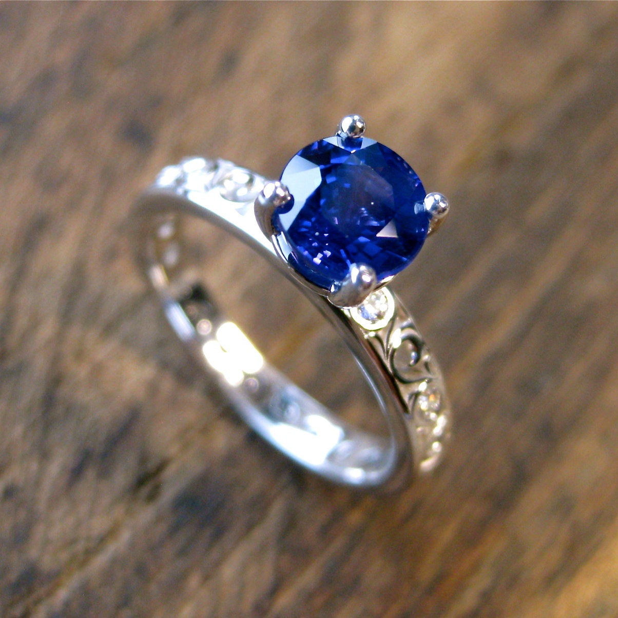 Blue Ceylon Sapphire Engagement Ring in 14K White Gold with