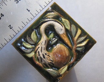 Magical Great Blue Heron Accent Tile Sculpted in Heavy Relief and High Fired in Glossy Green Glaze