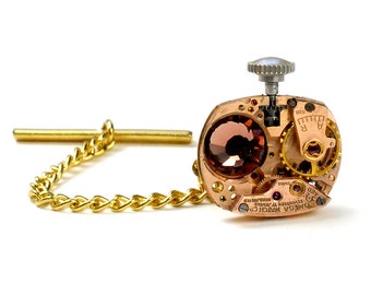 Vintage Omega Watch n Bugundy Crystal Steampunk Tie Tack Pin Chain Clip