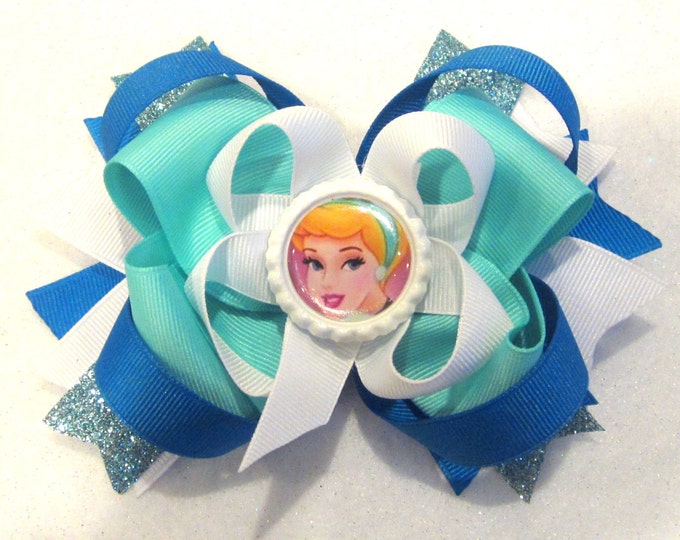 Cinderella Blue Fantasy Funky Large Boutique Hair Bow Fancy Princess Layers of Loops and Spikes for Baby Toddler to Little Girl