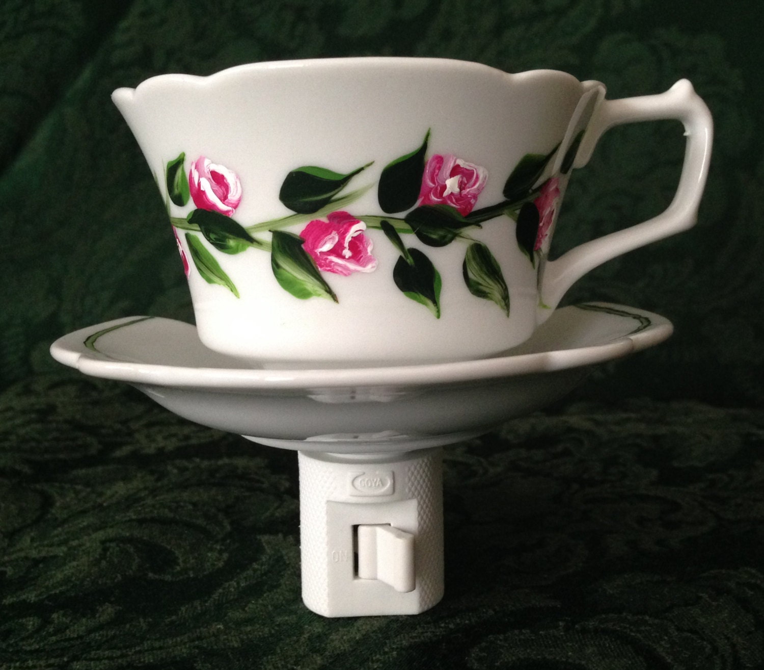 Night light White ceramic tea cup and saucer Hand painted
