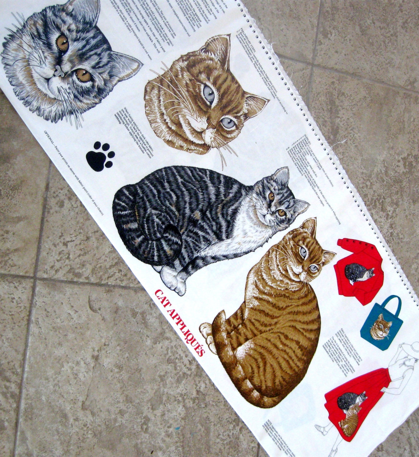 Vintage Cat Applique Fabric Panel Cranston Tabby Cat VIP
