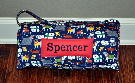 Nap Mat - Monogrammed Dog Park in Navy Nap Mat with Red Double-sided Minky or Minky Dot Blanket