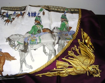 Pure Silk Hermes Scarf Marine et Cavalerie Signed by the Artist Ledoux