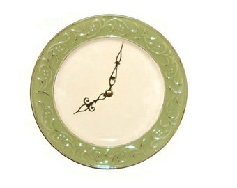 Sage Antiqued Floral Wall Clock - Ceramic Plate Clock - Kitchen Clock - Unique Wall Clock - Wall Decor - 1432