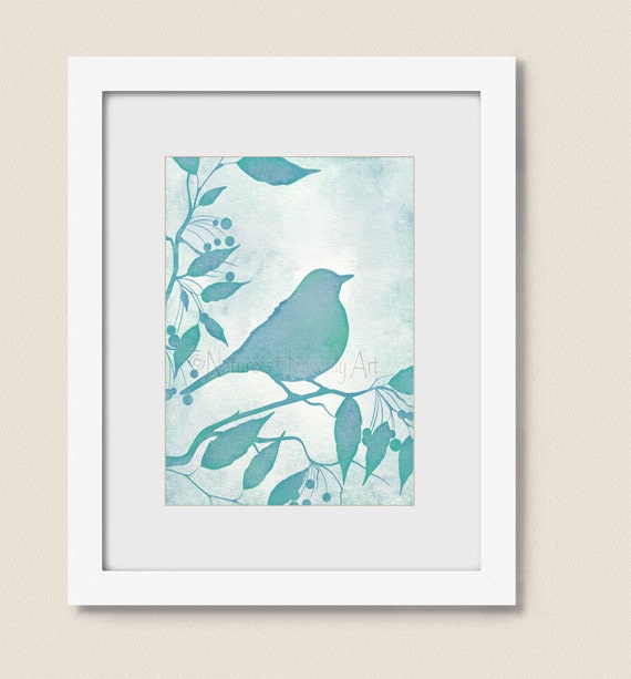 5 x 7 Aqua Blue Wall Decor Bird Wall Art Print Turquoise Home