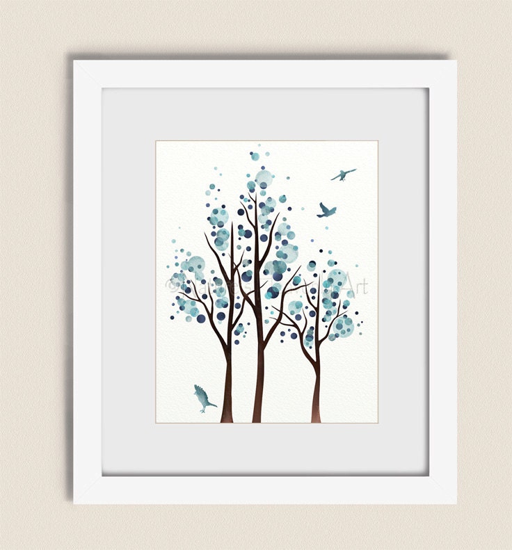 Watercolor Tree Art  Print 11  x  14  Blue Wall Art  for House