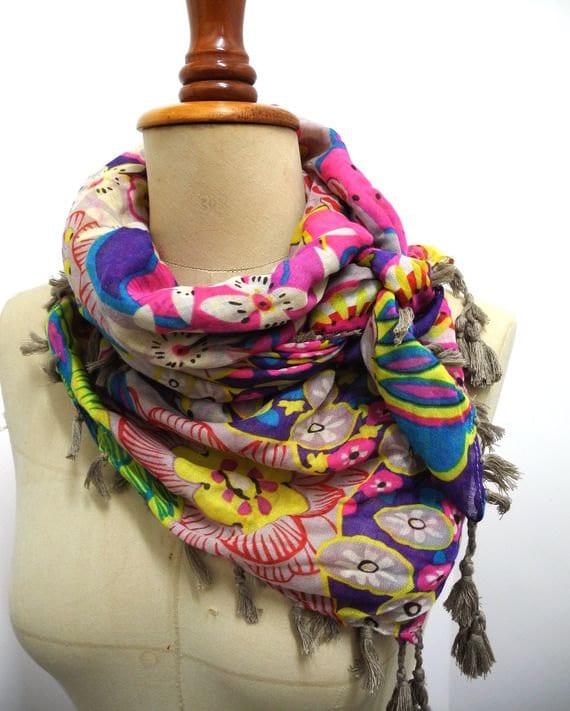 Square Scarf  with tassel Flower print Boho scarf  Holiday shawl Cotton boho tassel scarf