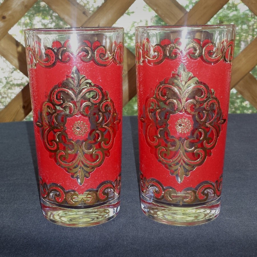 Vintage Red & Gold MCM Drinking Glasses / Set by GypsumMoonVintage