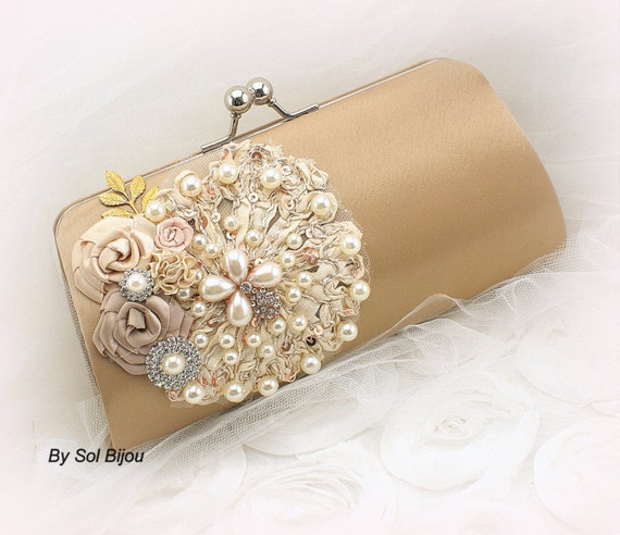 Clutch Gold Ivory Rose Blush Champagne Bridal Handbag