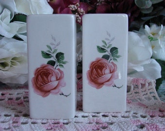 A Pair of Tiny Square Ceramic Vases with Pink Rose Blossoms