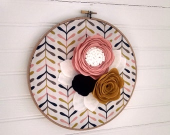 Embroidery art, hoop art, hand stitched, hand embroidered, felt flower, felt art, wool felt, wall art, small art, home decor, nursery art