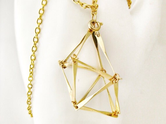 Gold Geometric Trapezoid Cage Necklace Abstract Prism Triangle