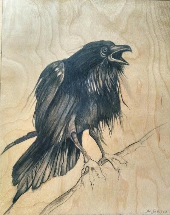 Original Charcoal Drawing of Raven on Wood Panel 11 x by jazyjen42