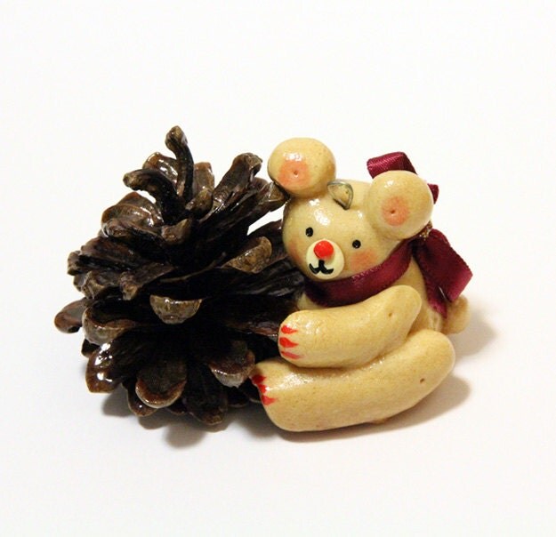 Christmas Ornament Salt Dough Teddy Bear with a Pinecone Handmade Original Keepsake Memories