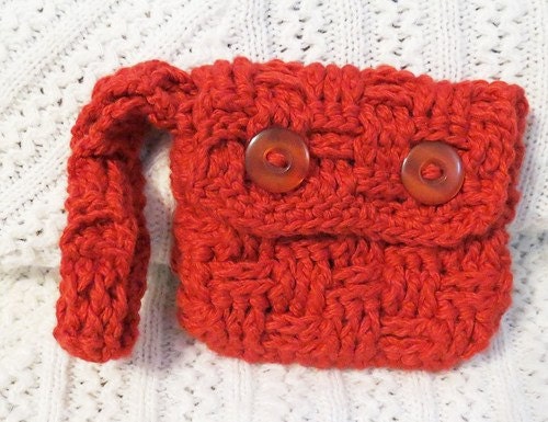 Crochet red wristlet handmade cotton coin purse textured