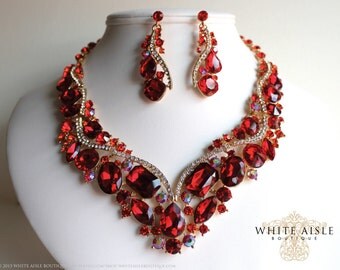 Red Bridal Statement Necklace Set, Vintage Style Wedding Jewelry Set, Bridesmaids Necklace, Red Bridal Earrings
