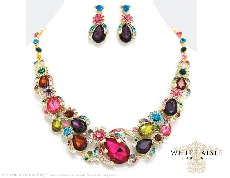 Multi Colored Bridal Statement Necklace Pave Crystal Wedding