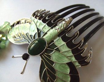 Green and black, Titanic Style, Hair comb, with matching earrings, set, Moth, Butterfly, hair slide, By NewellsJewels on etsy