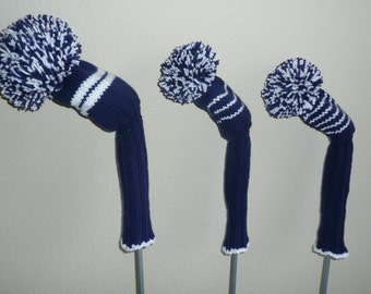 Hand Knit Golf Club Covers- Vintage Style Golf Club Covers with Pom Pom ...