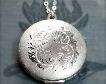 Sterling Silver Locket Necklace, Large Round Swirl Engraved Pendant - Wreath of Silver