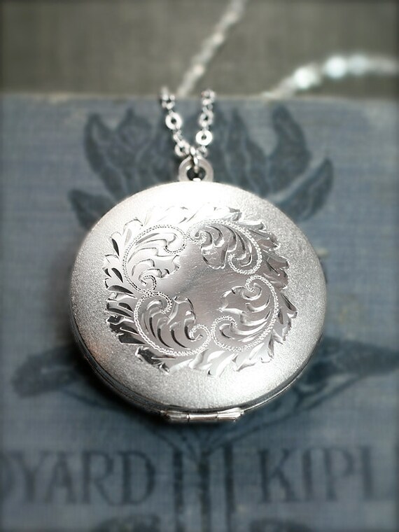 Sterling Silver Locket Necklace Large Round Swirl Engraved