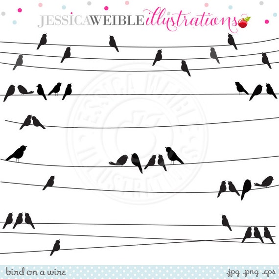 Bird on a Wire Cute Digital Clipart - Commercial Use OK - Black Bird Clipart, Birds on High Wire, Bird Silhouette Il_570xn