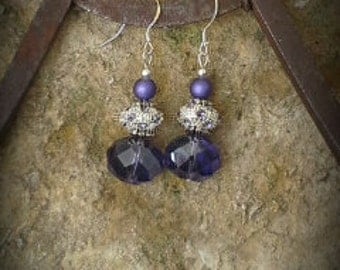 Purple Crystal Sterling Silver Earrings, Purple Sterling Silver Earrings, Lavender Crystal Sterling Silver Earrings