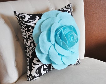 Decorative Pillows Aqua Blue Rose on Black and White Damask Accent Pillow Couch Bed Sofa Black & White Pillow