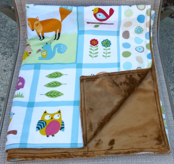 Baby Blanket Woodland Friends on Flannel with Smooth Brown