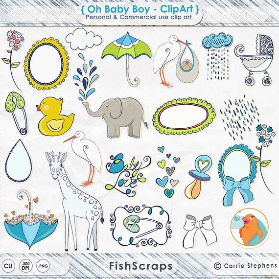 Baby Boy Shower Clipart, Heart Umbrella, Baby's First Birthday Party, Elephant, Stork Clip Art, Baby Carriage Digital Graphic Il_570xn