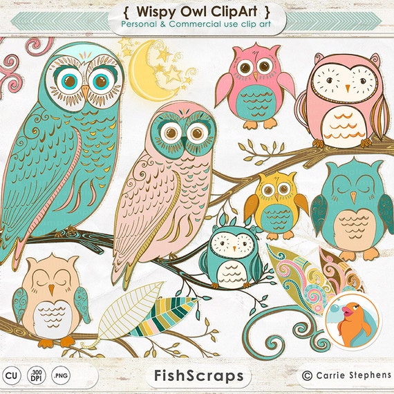 Whimsical Owl Clip Art, Folk Art Owl ClipArt, Royalty Free Images, Vintage Style Digital Graphics, Pink & Teal, Tree Branch, Hand Drawn Owl Il_570xn