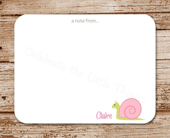 Set of 12 Snail Note Cards - Snail Mail - Pink Snail Notecards - Personalized Stationery - Flat Cards Il_570xn