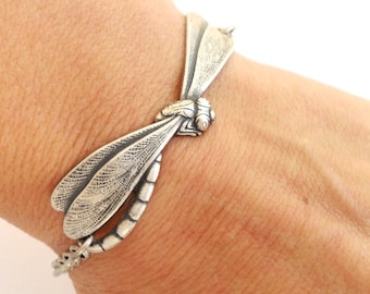 Dragonfly Bracelet- Sterling Silver Ox or Antiqued Brass Ox Finish- Personalized Bracelet
