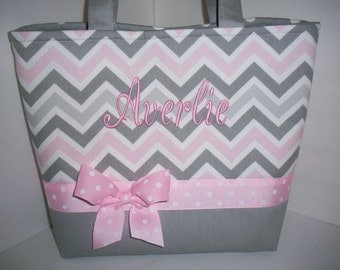 Pink Grey Chevron Diaper Bag / Tote / Purse- Personalization Available