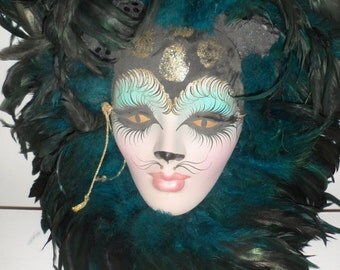 beautiful painted mask cat woman cat art deco wall mask pierrot signed hand painted