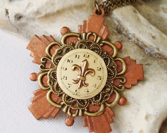 Necklace Vintage Watch Dial World War II Copper Medal Pendant Fleur de Lis Filigree Copper Healing C 7-16