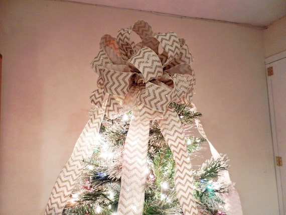 Off White Gold Glitter Chevron Burlap Topper Bow