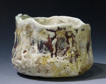 George Watson Chawan Japanese Style Tea Bowl White and Shino mix with brick red, black, aqua Wood Fired Shigaraki Style Clay