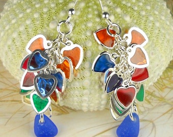 GENUINE Cobalt Blue Sea Glass Earrings Eco Friendly Sterling Silver Rainbow Heart Jewelry