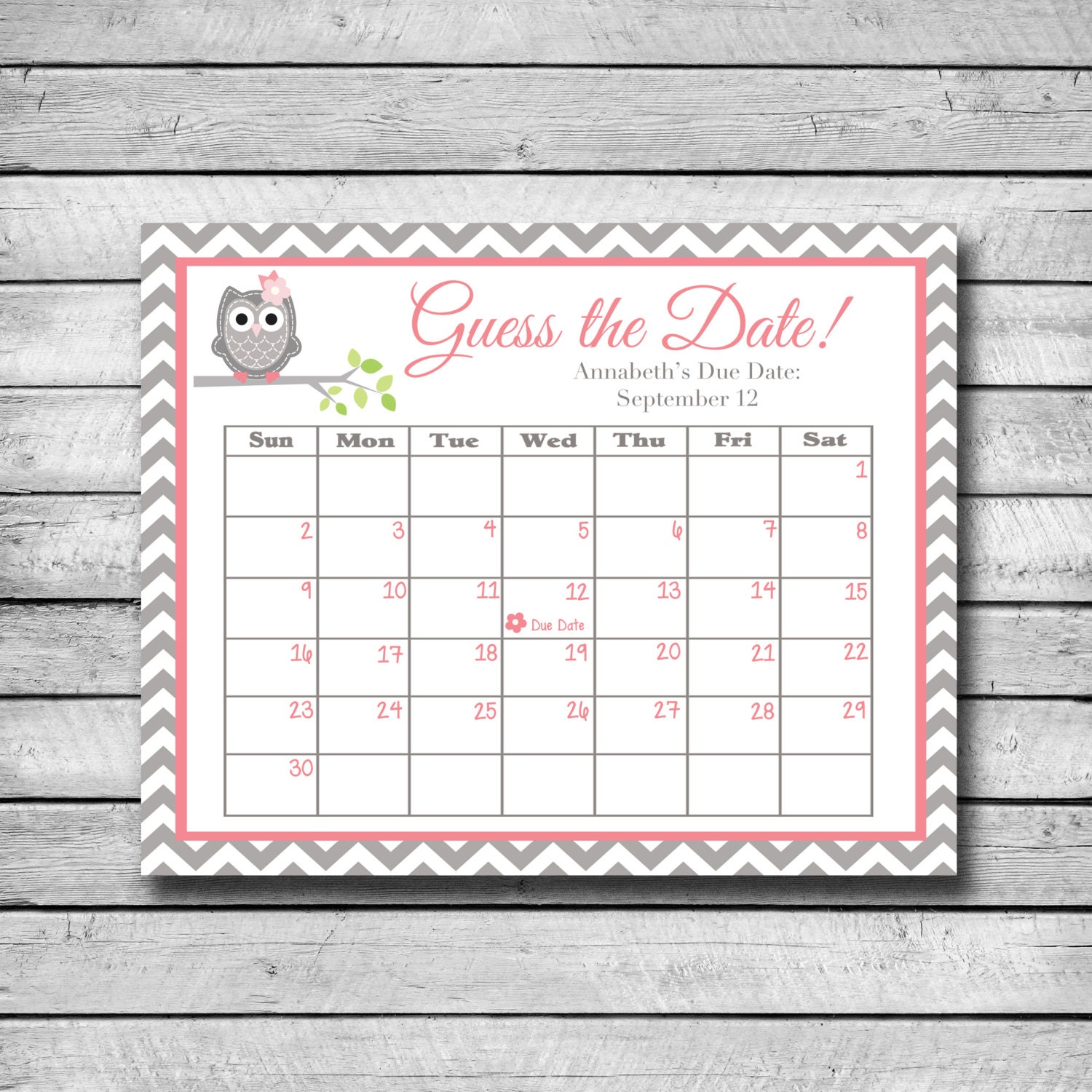 Guess The Date Pink And Grey Owl Baby Shower Game Due