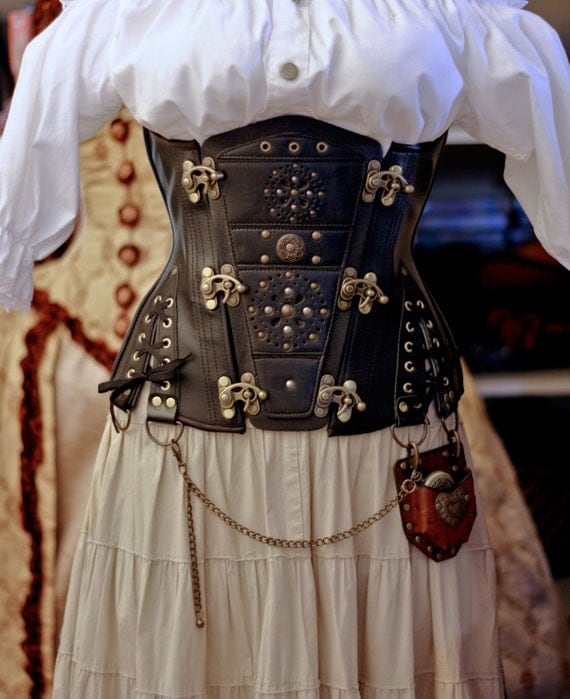 36 1/2" waist  Steampunk UnderBust Explorer Corset Veggie Leather Black Unique one off steampunk buy now online